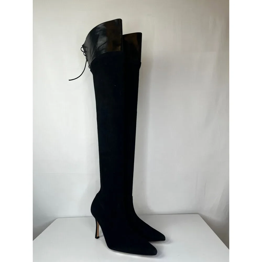 Manolo Blahnik Black Suede Pointed Toe Over the Knee Boots